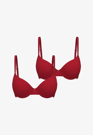 Due reggiseni imbottiti rossi con spalline regolabili e piccoli ciondoli decorativi argentati al centro, mostrati su uno sfondo bianco.