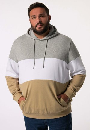 Felpa con cappuccio grigia, bianca e beige con tasca a canguro. Realizzata in materiale morbido con una vestibilità comoda e polsini a costine.