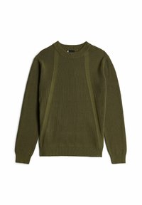 Pull en vert olive avec texture côtelée, col rond et détails sur les panneaux latéraux. Il possède des manches longues et un ourlet ajusté.