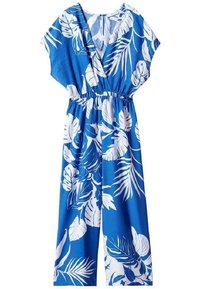 Modrý overal s bílými vzory tropických listů, krátkými rukávy, v-výstřihem a elastickým pasem pro nastavitelné nošení.