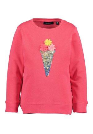 Sweat-shirt à manches longues d’un rose vif avec un motif de cornet de glace pailleté surmonté de trois fleurs en tissu jaunes, roses et corail.
