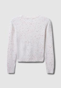 Cremefarbener Strickpullover mit mehrfarbigen Sprenkeln, cropped Design, gerippter Hals- und Bündchenabschlüsse. Weiche Textur und lässiger Stil.