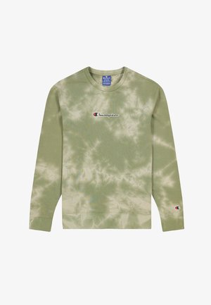 Sweatshirt tie-dye vert olive en coton, doté d'un col rond, de poignets côtelés et d'un petit logo Champion brodé sur la poitrine.