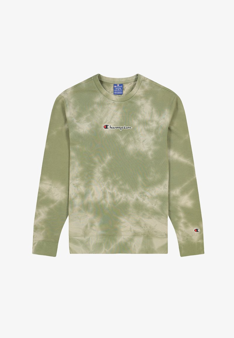 Sweatshirt tie-dye vert olive en coton, doté d'un col rond, de poignets côtelés et d'un petit logo Champion brodé sur la poitrine.