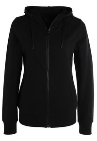 Sudadera con cremallera negra hecha de tela suave, con capucha ajustable con cordones, dos bolsillos frontales y puños y dobladillo acanalados.