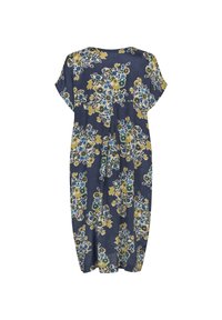Robe fleurie bleue à manches courtes, ornée d'un mélange de fleurs jaunes et vertes sur un fond sombre. Tissu lisse, conception arrivant au genou.