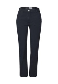 Pantalon ajusté bleu marine en mélange de coton, avec une coupe slim, des poches avant et une fermeture à un bouton. Texture lisse.