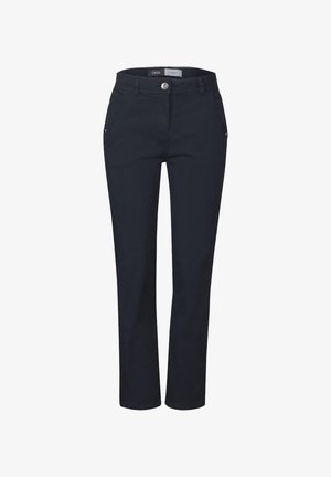 Pantaloni tailored blu navy in tessuto misto cotone, con vestibilità slim, tasche frontali e chiusura con un bottone. Texture liscia.