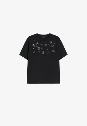 T-shirt nera a maniche corte con decorazioni floreali argentate sulla parte superiore del petto e scollo rotondo.