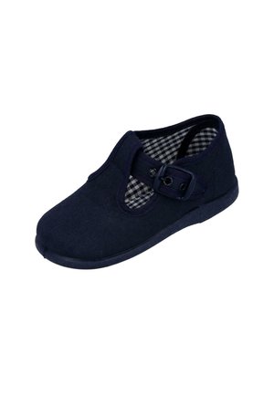 Zapato infantil de tela azul marino con correa de hebilla y forro interior a cuadros en blanco y negro, diseñado para la comodidad y facilidad de uso.