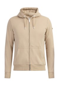 Beige zip-up hoodie lavet af blødt stof. Har en hætte med snor, to frontlommer, ribbede manchetter og en kontrastfarvet lynlås.