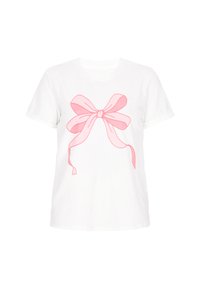 Vit bomulls T-shirt med korta ärmar som har en stor rosa rosett grafik centrerad på framsidan, med detaljerade band.
