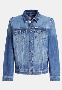 Vaaleansininen farkkutakki, jossa on kaksi rintataskua, hopeiset napit ja klassinen kaulus. Sisältää ommeltua yksityiskohtaa ja brändilogon hartioilla.