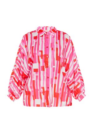 Overhemd met lange mouwen en knopen, met roze, rode en witte abstracte verticale strepen en een puntige kraag.
