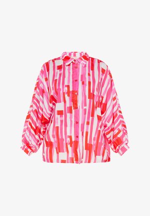 Koszula z długim rękawem zapinana na guziki, z różowymi, czerwonymi i białymi abstrakcyjnymi pionowymi pasami i spiczastym kołnierzykiem.