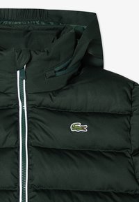 Tmavozelená prešívaná bunda s kapucňou, predný zips s bielym lemom a malým zeleným logom krokodíla na hrudi.