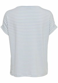 Top de rayas azul y blanco de manga corta con un ajuste holgado, cuello redondo y mangas enrolladas, hecho de una tela suave y ligera.