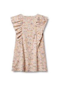 Meisjes mouwloze bloemenjurk met gerimpelde details langs de zijkanten, in zachte pastelroze, geel en blauw op een lichte achtergrond.