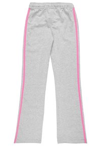 Šedé tepláky s růžovým bočním pruhem, volného střihu a elastickým pasem pro pohodlí. Měkká textilie vhodná pro každodenní nošení.