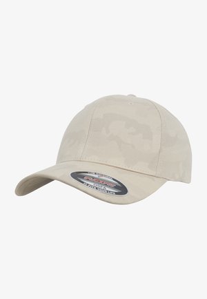 Beež kamuflaaž baseballi müts, millel on kõver sirm, valmistatud kangast. Esiküljel on logo plaastriga ja paindlik disain.