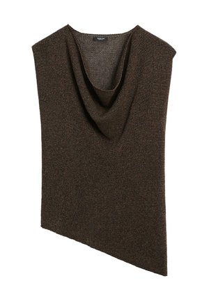 Asymmetrische donkerbruine gebreide mouwloze top met gedrapeerde halslijn en klein stoffen label binnen in de kraag.