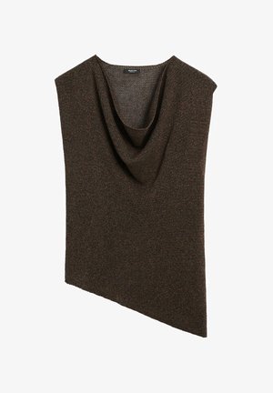 Asymmetrische donkerbruine gebreide mouwloze top met gedrapeerde halslijn en klein stoffen label binnen in de kraag.