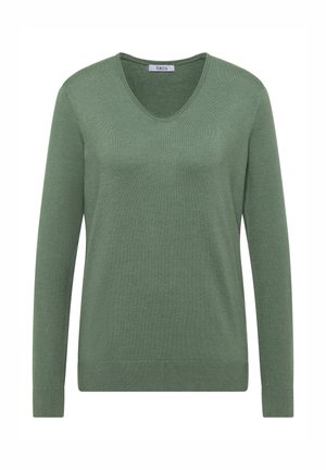 Maglione verde a maniche lunghe con design a V. Realizzato in un tessuto morbido, presenta polsini e orlo a costine, mostrando uno stile minimalista.
