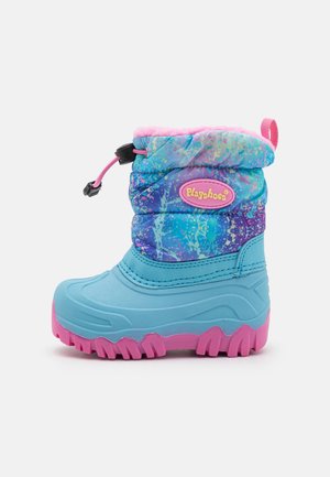 Waterproof blue boot with a textured rubber sole, featuring a colorful puffy top in shades of blue, purple, and pink with a drawstring closure.