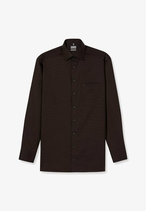 Dark brown long-sleeve shirt made of textured fabric, featuring a button placket, rounded collar, and a single chest pocket with a logo.