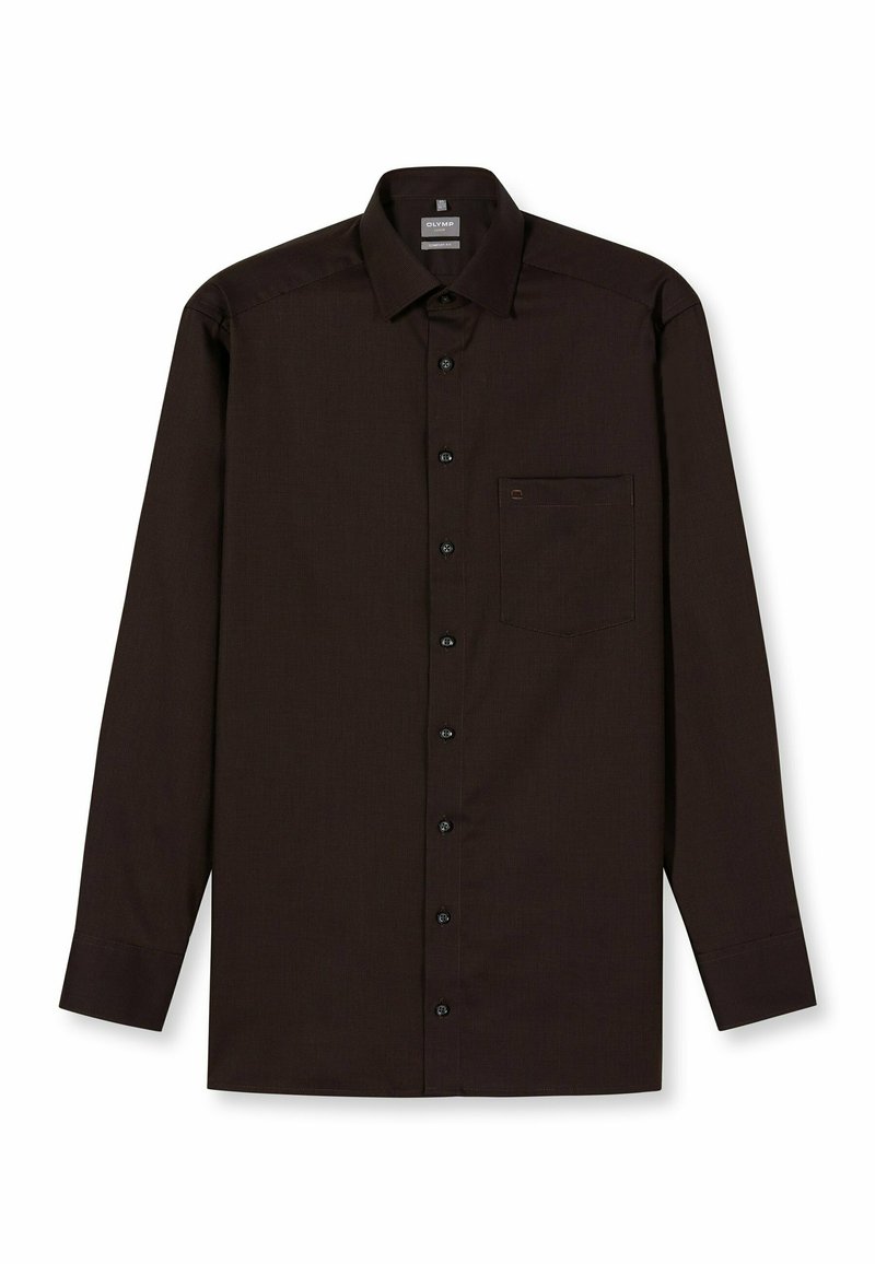Dunkelbraunes Langarmhemd aus strukturiertem Stoff, mit einer Knopfleiste, rundem Kragen und einer einzelnen Brusttasche mit Logo.