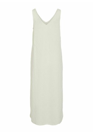 Long, sleeveless dress in off-white with a V-neckline, featuring a textured pattern throughout, straight silhouette, and ankle-length hem.