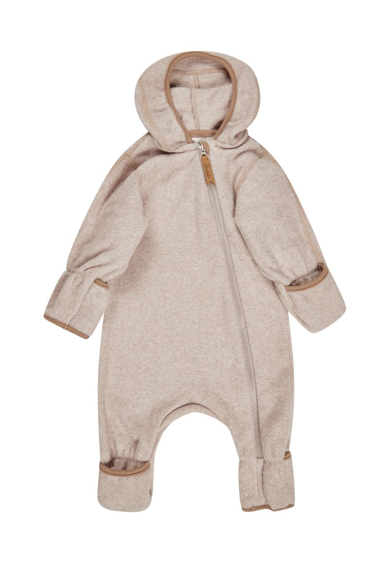 Soft beige hooded baby jumpsuit with long sleeves, a front zipper closure, and fold-over mittens and foot covers.