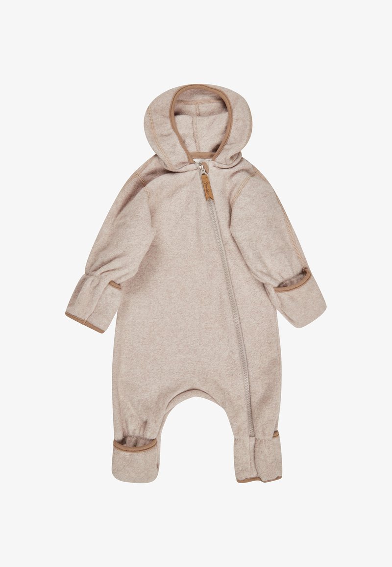 Soft beige hooded baby jumpsuit with long sleeves, a front zipper closure, and fold-over mittens and foot covers.
