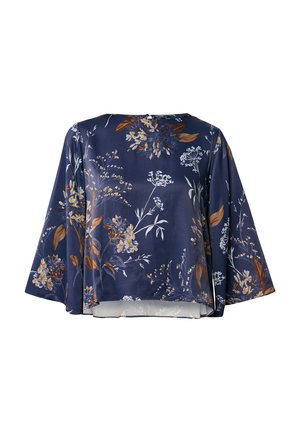 Blusa floreale blu navy con maniche lunghe e larghe, scollo rotondo e una consistenza setosa con motivi floreali bianchi e arancioni.