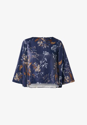 Marineblauwe bloemenblouse met lange, brede mouwen, een ronde halslijn en een zachte textuur met witte en oranje bloemenpatronen.