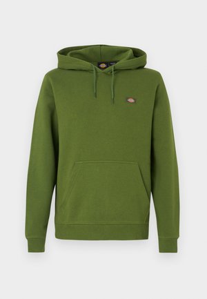 Felpa con cappuccio verde realizzata in tessuto morbido, con tasca a marsupio e cappuccio con coulisse. Include un piccolo logo sul petto.