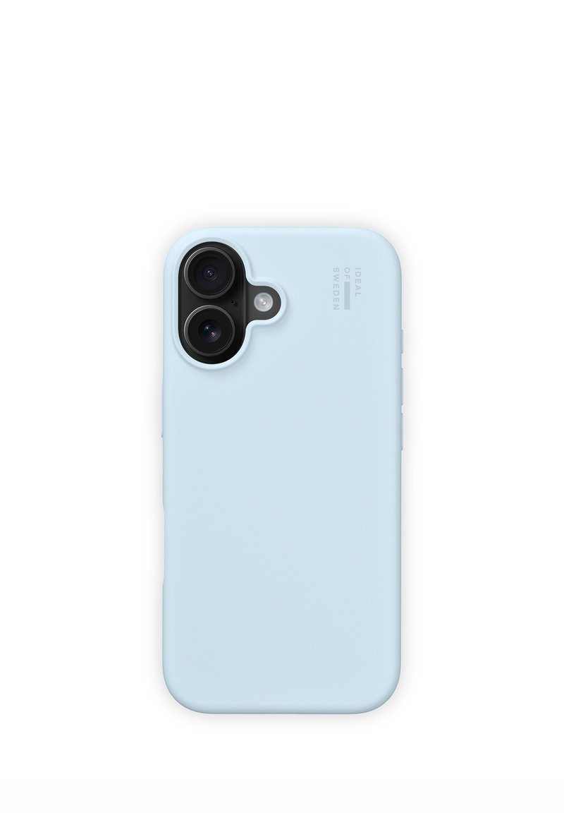 Custodia per telefono color azzurro cielo con finitura opaca liscia, progettata per adattarsi perfettamente, con doppie aperture per la fotocamera e marchio sul lato.