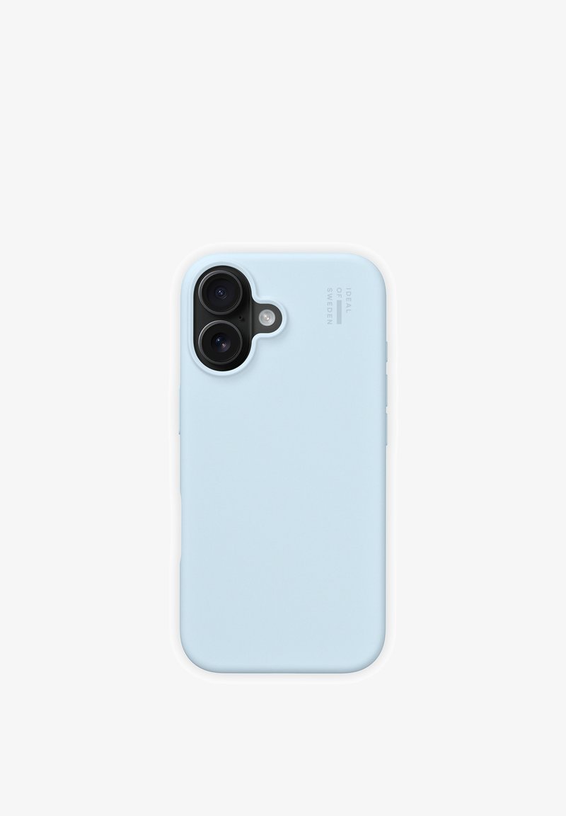Custodia per telefono color azzurro cielo con finitura opaca liscia, progettata per adattarsi perfettamente, con doppie aperture per la fotocamera e marchio sul lato.
