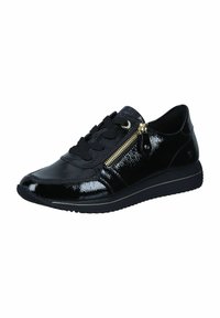 Zwarte gepatineerde leren sneaker met een gestructureerd oppervlak, vetersluiting aan de voorkant, gouden ritsaccent en een gewatteerde zool voor comfort.