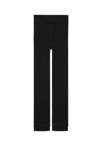 Czarne legginsy z elastycznym pasem, gładką teksturą i dopasowanym krojem z zwężającymi się nogawkami. Brak widocznych wzorów lub akcentów.
