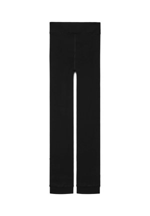 Czarne legginsy z elastycznym pasem, gładką teksturą i dopasowanym krojem z zwężającymi się nogawkami. Brak widocznych wzorów lub akcentów.