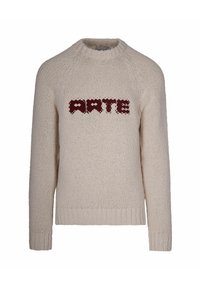 Maglione in beige a maglia con collo a giro e maniche lunghe. Presenta un logo "ARTE" borgogna in un font stilizzato sul davanti. Tessuto testurizzato.