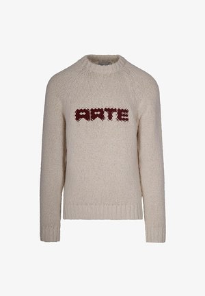 Maglione in beige a maglia con collo a giro e maniche lunghe. Presenta un logo "ARTE" borgogna in un font stilizzato sul davanti. Tessuto testurizzato.