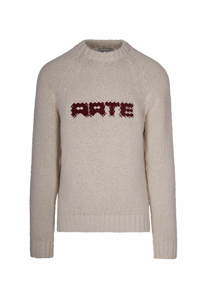 Maglione in beige a maglia con collo a giro e maniche lunghe. Presenta un logo "ARTE" borgogna in un font stilizzato sul davanti. Tessuto testurizzato.