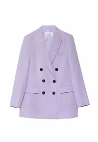 Fialový dvouřadový blazer s klopami, černými knoflíky, dvěma předními kapsami a hladkou texturou. Přiléhavý střih, moderní design.