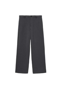 Gray wide-leg trousers made of a durable fabric, featuring a button closure, belt loops, and side pockets. Smooth texture, straight cut.