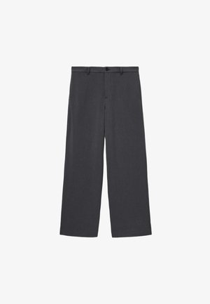 Grijze wijde pijpenbroek gemaakt van een duurzaam materiaal, voorzien van een knoopsluiting, riemlussen en zijzakken. Soepele textuur, rechte snit.