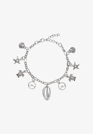 Silver charm bracelet with shell, starfish, sea turtle, and wave pendants on a linked chain with lobster clasp.