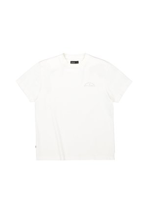 Weißes Baumwoll-T-Shirt mit kurzen Ärmeln, Rundhalsausschnitt und dezentem, aufgedrucktem Logo auf der Brust. Gerader Saum mit seitlichem Etikett.