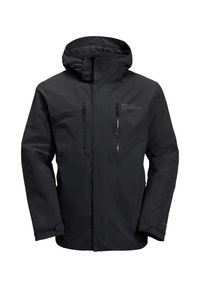Schwarze wasserdichte Jacke mit Kapuze, Reißverschlusstaschen auf der Brust und verstellbaren Bündchen. Glatte Textur, minimalistisches Design und Logo auf der Brust.
